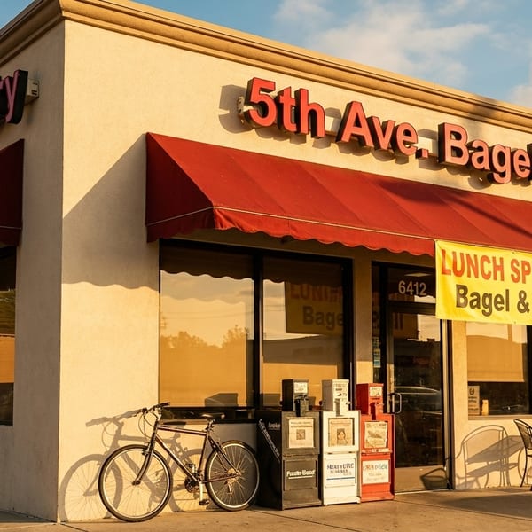 5th Ave. Bagelry storefront with red awnings, a "Lunch Special" banner, outdoor tables, and a bicycle.