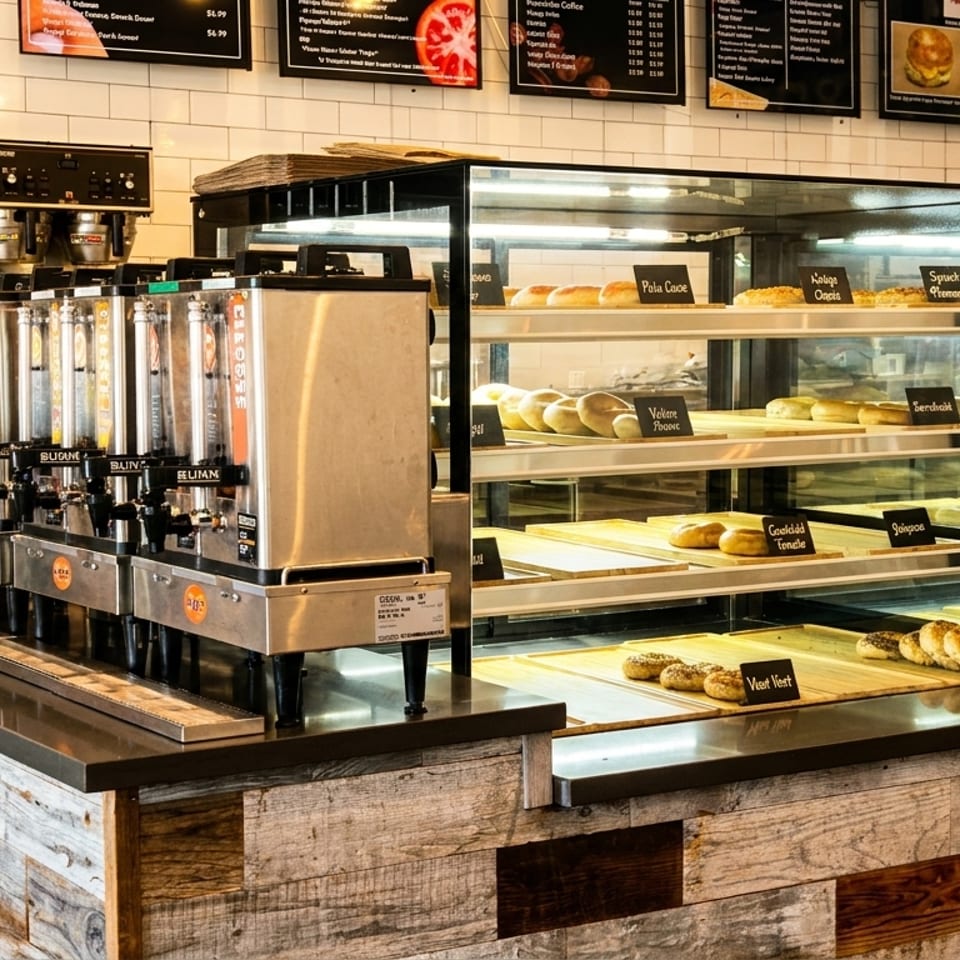 Rustic cafe counter with coffee dispensers and a glass case of fresh baked goods.