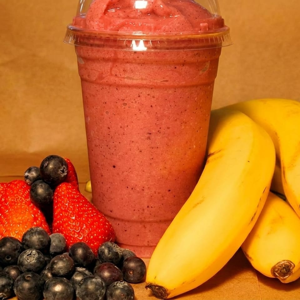 Berry smoothie in a clear cup surrounded by fresh strawberries, blueberries, and bananas.