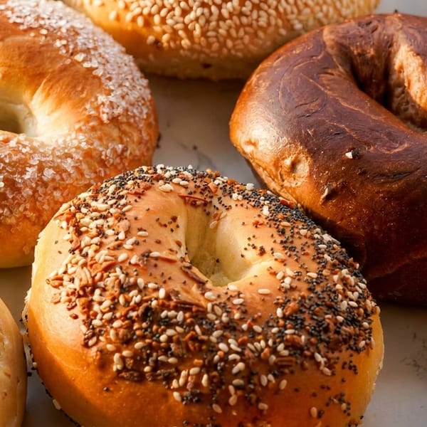 Close-up of various fresh bagels with salt, everything, sesame, and dark crust toppings.