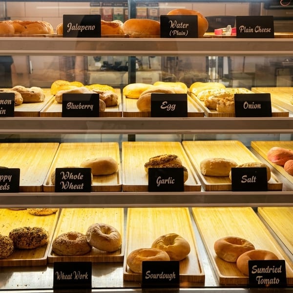 Multiple shelves of fresh bagels in a display case, clearly labeled with their flavors.