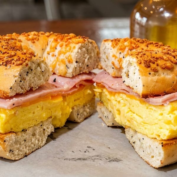 Savory everything bagel sandwich with ham and fluffy scrambled eggs, cut in half.