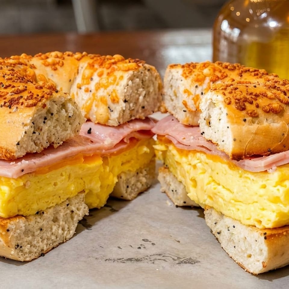 Savory everything bagel sandwich with ham and fluffy scrambled eggs, cut in half.