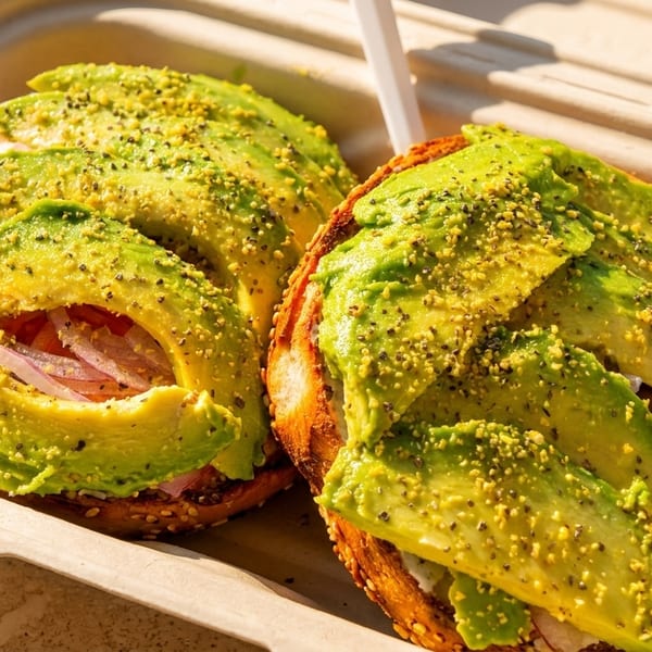 Two avocado toasts with sliced avocado, red onion, and seasoning in a takeout container.